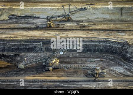 Vue aérienne, mine de lignite à ciel ouvert Inden de RWE Power AG, fourniture de la centrale électrique de Weisweiler, pelle sur roues à godets, zone minière de lignite rhénane, Inden Banque D'Images