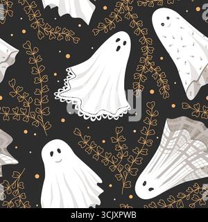 Motif floral dessiné à la main avec des fantômes. Fond d'automne et d'Halloween, illustration vectorielle Illustration de Vecteur
