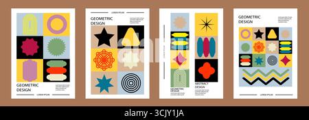 Affiches géométriques abstraites. Formes brutalistes. Set d'affiches Swiss Design. Motifs d'impression Bauhaus. Illustration de Vecteur