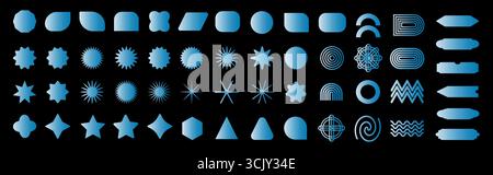 Brutalisme formes colorées Y2K. Kit d'éclairage au néon bleu laser électrique LED. Forme futuriste lumineuse lumineuse des dessins abstraits et des formes, des icônes. Esthétique du design suisse. Illustration de Vecteur