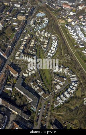 Vue aérienne, lotissement semi-circulaire, Robert-Geritzmann-Hoefe, Feldmark, Gelsenkirchen, région de la Ruhr, Rhénanie du Nord-Westphalie, Allemagne, logement estat Banque D'Images