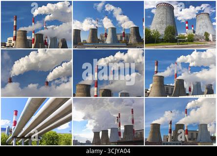 La fumée industrielle passant de tours de refroidissement de centrales Banque D'Images