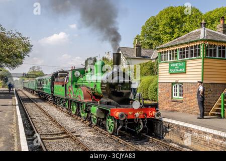 LSWR 'T3' 4-4-0 No.563 arrive à Medstead et four Marks station sur la Watercress Line, Hampshire, Angleterre, Royaume-Uni Banque D'Images