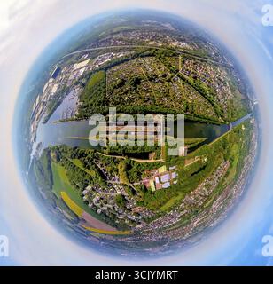 Vue aérienne, écluse Herne-Ost sur le canal Rhin-Herne, mer d'Herne avec port de plaisance pour bateaux de sport, association de jardins d'allotissement KGV Herne Horsthausen et K Banque D'Images