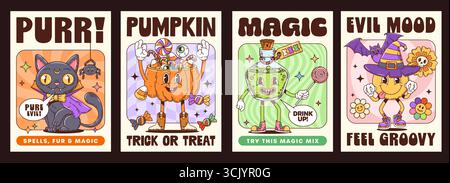 Personnages groovy drôles d'Halloween, affiches avec des monstres de bande dessinée effrayants, ensemble vectoriel. Groovy affiches d'Halloween pour vacances d'horreur et fête de truc ou de gâter avec sourire de sorcière, chat noir et potion magique Illustration de Vecteur