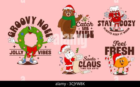 Autocollants rétro groovy de personnages de Noël et imprimés t-shirt de Noël d'hiver, vecteur joyeux vacances. Dessin animé groovy Santa, couronne d'arbre de Noël et gant, ours et personnages orange autocollants de Noël ensemble Illustration de Vecteur