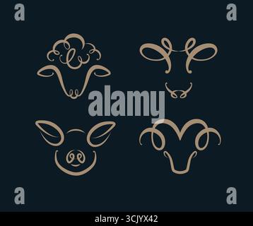 Têtes d'animaux de ferme domestique mouton vache porc chèvre dessin dans un style d'art moderne avec beige sur fond noir Illustration de Vecteur