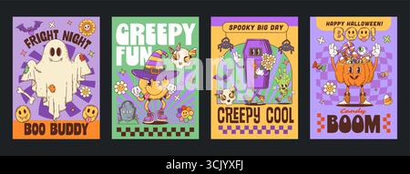 Groovy Halloween effrayant et effrayant affiches de personnages. Fantôme groovy rétro de dessin animé, main de zombie, citrouille et cercueil, affiches vectorielles de personnages de sourire hippie et de crâne, astuce d'Halloween ou nuit de gâterie Illustration de Vecteur