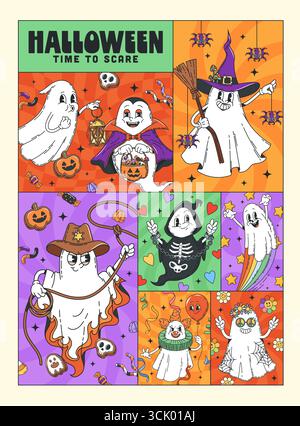 Affiches effrayantes de personnages groovy d'Halloween. Collage rétro ludique avec de mignons fantômes de dessins animés habillés en cow-boys, hippie, sorcière effrayante, vampire et clown, entourés de bonbons, citrouilles et étoiles Illustration de Vecteur