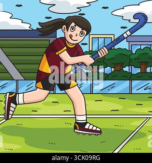 Joueuse de hockey sur gazon exécutant un dessin animé coloré Illustration de Vecteur