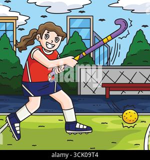 Joueur féminin de hockey sur gazon frappant la balle colorée Illustration de Vecteur
