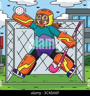 Hockey sur gazon femme gardien de but Jumping coloré Cartoon Illustration de Vecteur