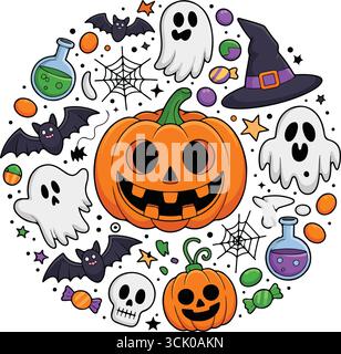 Éléments colorés d'Halloween ensemble avec des citrouilles, des fantômes, des chauves-souris et un chapeau de sorcière Illustration de Vecteur