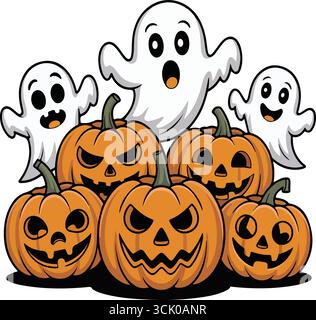 Visages de citrouille d'Halloween et illustrations de dessins animés fantômes Illustration de Vecteur