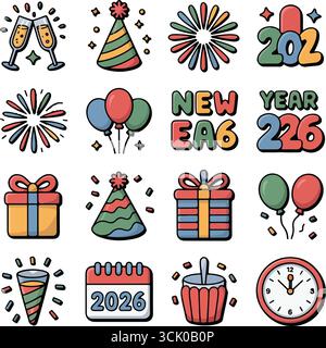 Éléments festifs du nouvel an 2026 dans des illustrations de style bande dessinée Illustration de Vecteur