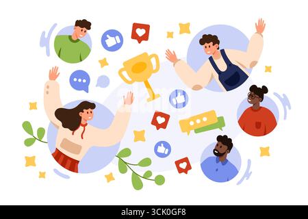 Heureux et diversifiés célébrant la réussite avec un trophée, des likes sur les médias sociaux et des commentaires positifs, parfaits pour le travail d'équipe, la motivation, et félicitations concepts isolés sur l'illustration vectorielle de fond blanc Illustration de Vecteur