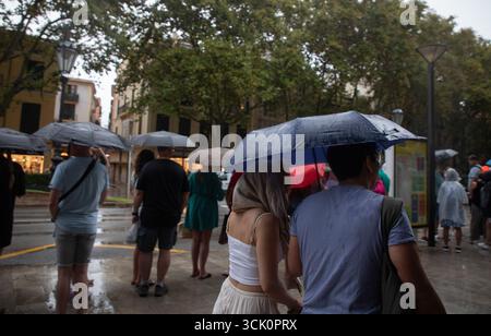 Palma, Espagne. 09th Sep, 2025. Les gens avec des parapluies marchent à travers Palma un jour de pluie. Crédit : Clara Margais/dpa/Alamy Live News Banque D'Images