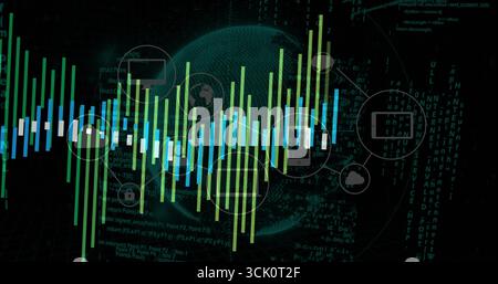 Affichage des barres de forme d'onde de données autour du globe filaire dans l'interface numérique sombre, avec des superpositions d'icônes Banque D'Images