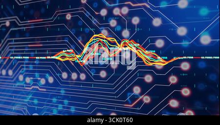 Affichage d'un graphique de forme d'onde multicolore à l'écran avec étiquettes numériques, tracés de circuit, orbes lumineux Banque D'Images