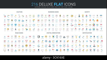 Ensemble complet d'icônes de style plat couvrant la prudence, l'avertissement, la sécurité, la signalisation routière, l'innovation numérique, et les thèmes de notification pour la communication visuelle diverse illustration vectorielle isolée Illustration de Vecteur