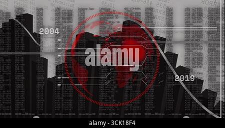 Affichage de la superposition rouge avec des nœuds hexagonaux, des barres sur la carte du monde, avec chronologie de 2004 à 2019 Banque D'Images