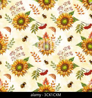 Modèle sans couture avec tournesols, baies de rowan, feuilles d'automne et bourdons dans un style aquarelle chaud. Idéal pour tissu, papier d'emballage Banque D'Images