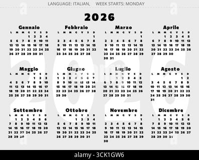 Calendrier italien 2026, mise en page simple, modèle vectoriel noir et blanc pour l'Italie Illustration de Vecteur