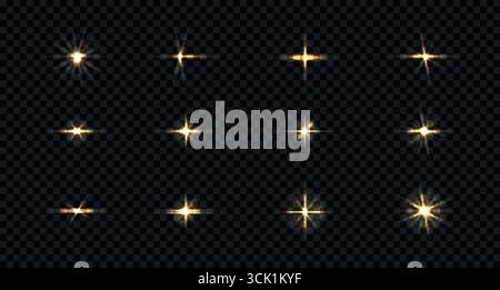 Effets lumineux réalistes d'étoiles brillantes. Illustration vectorielle. Diverses éruptions dorées et flashs isolés sur fond transparent Illustration de Vecteur