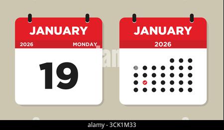 19 janvier 2026 calendrier illustration vectorielle. page du calendrier du 19 janvier. Calendrier journalier avec la date du 19 janvier. La semaine commence le dimanche Illustration de Vecteur