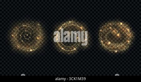 Ensemble de poussière dorée brillante tourbillonne avec des effets de lumière. Paillettes vectorielles dans diverses formes rondes, isolées sur un fond semi-transparent Illustration de Vecteur