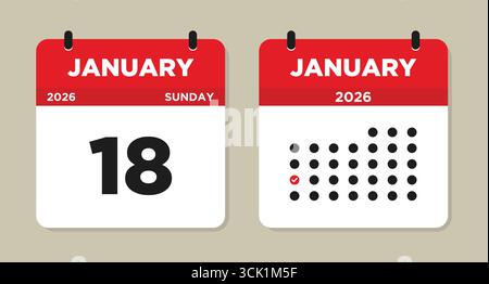 18 janvier 2026 calendrier illustration vectorielle. page du calendrier du 18 janvier. Calendrier journalier avec date 18 janvier. La semaine commence le dimanche. Conception plate Illustration de Vecteur
