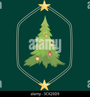 Illustration vectorielle d'un arbre de Noël décoré encadré d'étoiles dorées sur un fond vert profond, idéal pour 2026 cartes de fête, invitations et Illustration de Vecteur