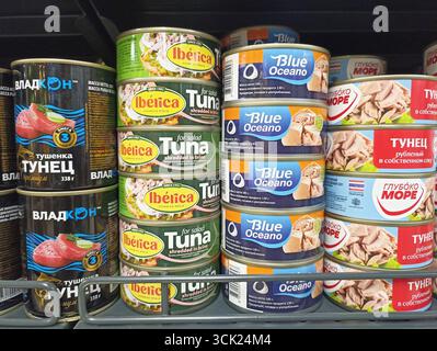 Présentoir de diverses marques de thon en conserve dans un emballage coloré. Banque D'Images
