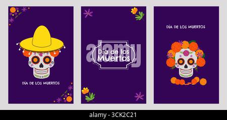 Set d'affiches Day of the Dead Mexico. Fête nationale le 16 septembre, Cinco de Mayo. Dia de Los Muertos. Fleurs mexicaines colorées. Carte de voeux de la circulaire de fête avec affiche de la Fiesta. Illustration vectorielle Illustration de Vecteur