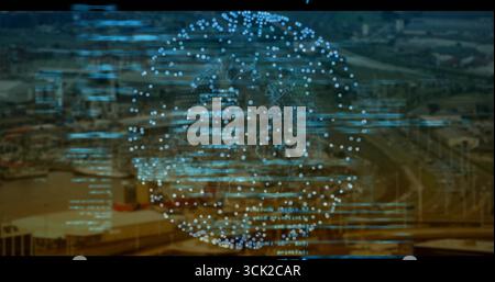 Globe holographique flottant dans un paysage urbain aérien, avec des nœuds de données bleu clair et des lignes de données Banque D'Images