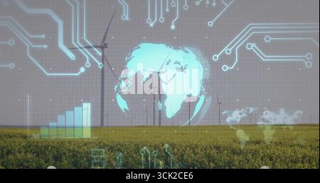 Éoliennes enjambées tournant au-dessus du champ jaune, avec recouvrement de circuit, globe lumineux, graphique à barres Banque D'Images