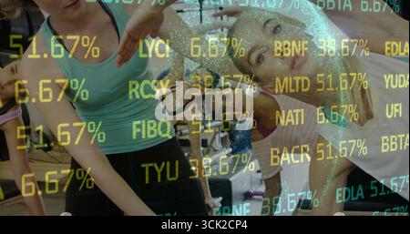 Performance côté étirer cinq femmes sur des tapis de yoga dans un studio de gym, avec superposition stock ticker Banque D'Images
