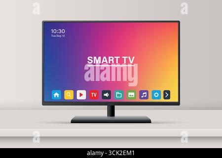 Vector 3d réaliste Smart TV, isolé. Smart TV moderne. Maquette Smart TV réaliste pour la technologie. Téléviseur élégant et télécommande pour applications et marques Illustration de Vecteur