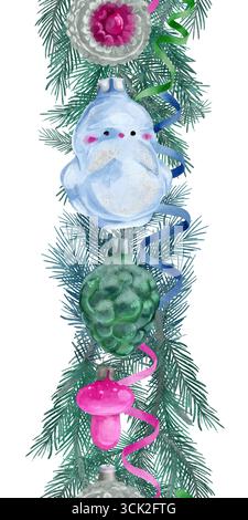 Jouets d'arbre de Noël dans un style aquarelle rétro avec des branches d'épinette verte, absolument idéal pour un décor de vacances festif. Bordure verticale sans couture dessinée à la main isolée. Banque D'Images