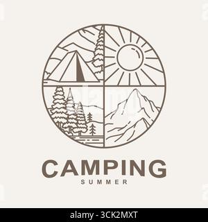 Emblème de style Monoline pour le camping d'été avec une tente, le soleil, les arbres et les montagnes dans un design circulaire parfait pour les thèmes d'aventure en plein air Illustration de Vecteur