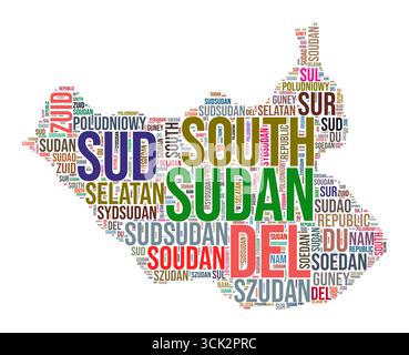 Nuage de mots en forme de pays du Soudan du Sud. Illustration de pays de style typographique. Image du Soudan du Sud dans le style nuage de texte. Illustration vectorielle. Illustration de Vecteur