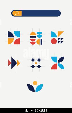 Ensemble d'icônes géométriques minimales colorées avec un style abstrait moderne. Parfait pour la marque, les modèles, les présentations et la conception numérique créative Illustration de Vecteur