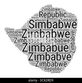 Nuage de mots noir et blanc en forme de Zimbabwe. Illustration de pays de style typographique simple. Nuage de texte noir plein Zimbabwe sur fond blanc. Illustration de Vecteur