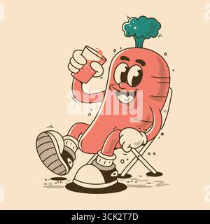 Carotte de dessin animé assis sur la chaise tenant le jus dans le style vintage Illustration de Vecteur