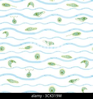 Modèle sans couture de plancton flottant parmi les vagues bleues, lignes d'aquarelle faites à la main avec un pinceau. Dessin pour scrapbooking, fond, tissu. ligne Banque D'Images