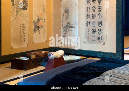 Literie futon traditionnelle au Sekijuku Hatago Tamaya Historical Museum : Edo période Tamaya Inn dans la ville de poste de Seki-juku, ancienne route Tokaido, Mie, Japon. Banque D'Images