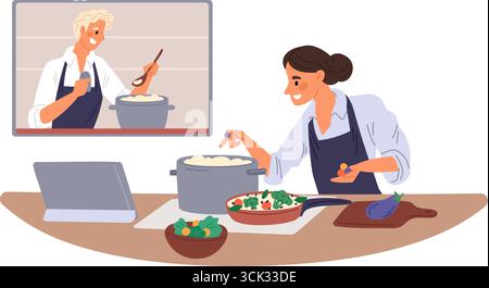 La femme apprend à cuisiner la nourriture à partir d'une leçon vidéo. Recette en ligne. Fille cuisinant la soupe à la cuisine et regardant vlog à l'écran de l'ordinateur portable. Cours culinaire. Repas Illustration de Vecteur