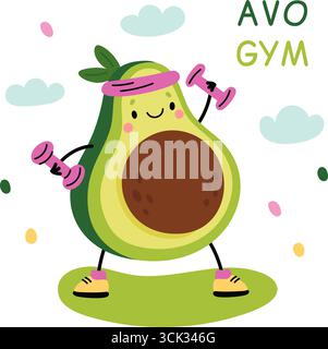 Carte avocat mignon heureux. Personnage de dessin animé faisant des exercices sportifs. Haltères de levage de légumes heureux. Entraînement athlétique. Entraînement physique. Kawaii Kid ma Illustration de Vecteur