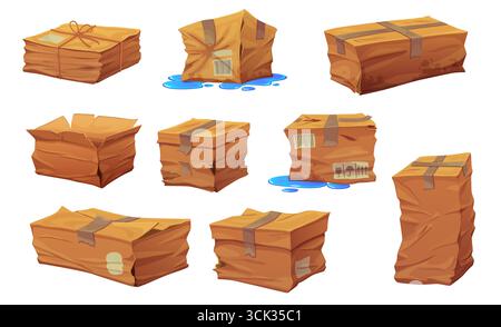 Boîtes de livraison endommagées et colis de cargaison en carton cassés, ensemble isolé de vecteur. Colis déchiré et boîtes de livraison avec carton endommagé, trempé ou froissé avec côtés déchirés et étiquettes d'adresse Illustration de Vecteur