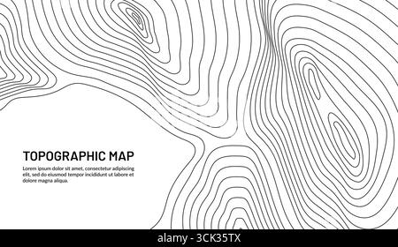 Carte topographique de contour en relief. Disposition topographique abstraite vectorielle avec des lignes courbes noires, représentant l'élévation de la structure du paysage de terrain géographique pour la cartographie ou l'éducation géographique Illustration de Vecteur